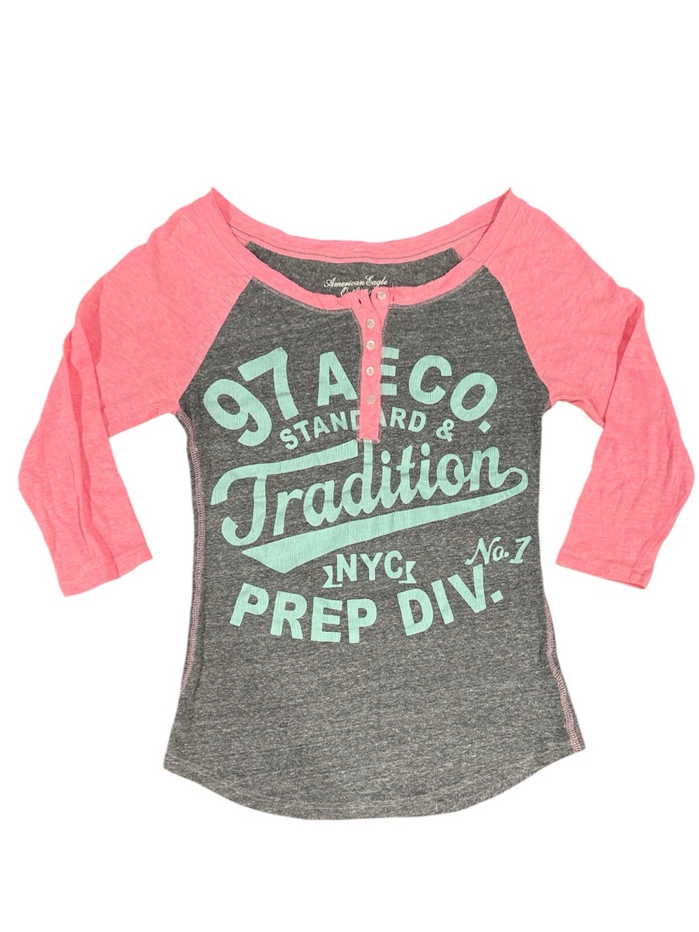 American Eagle Outfitters Gray & Pink Raglan Henley Graphic Tee